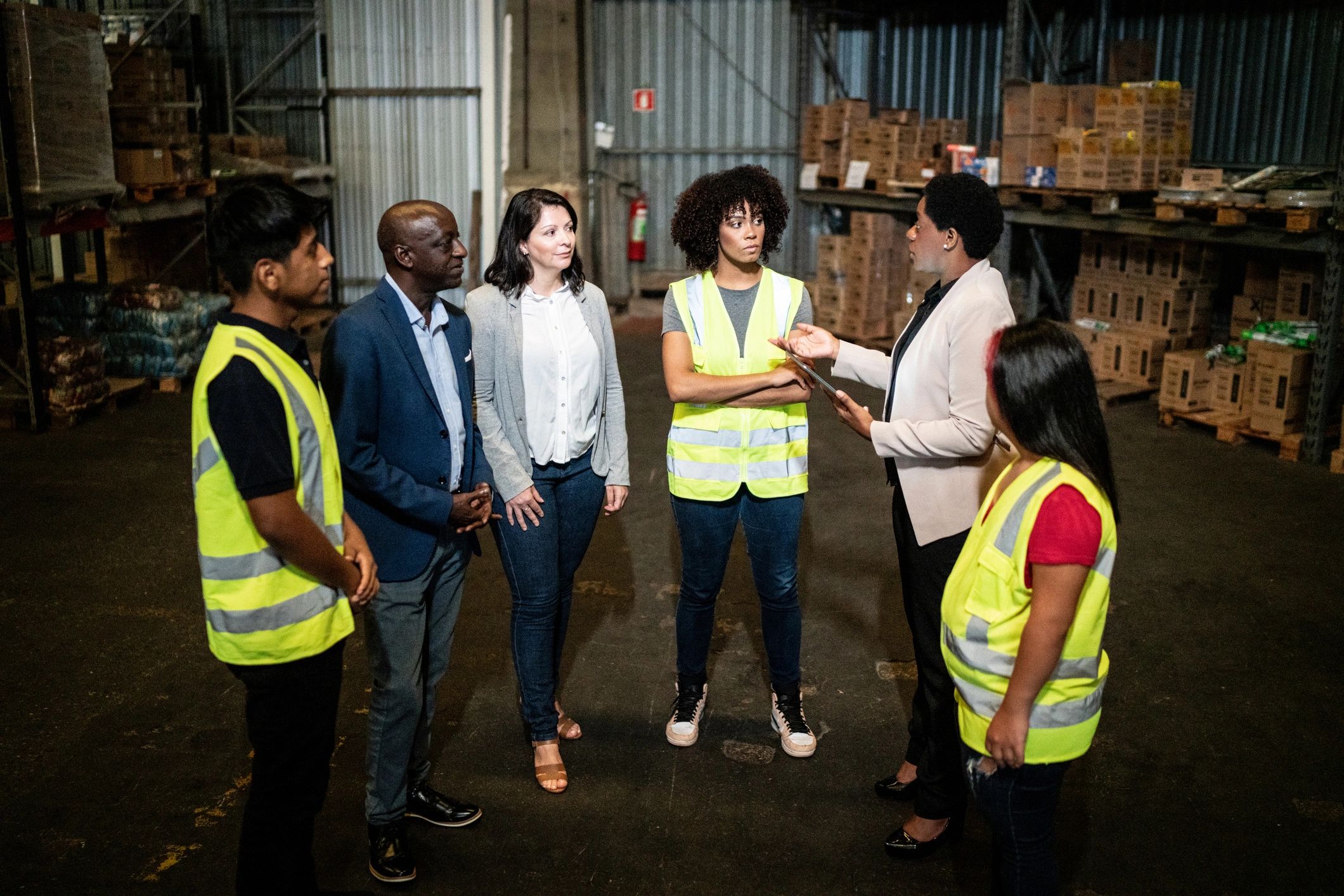 Coworkers meeting in a warehouse safety huddle